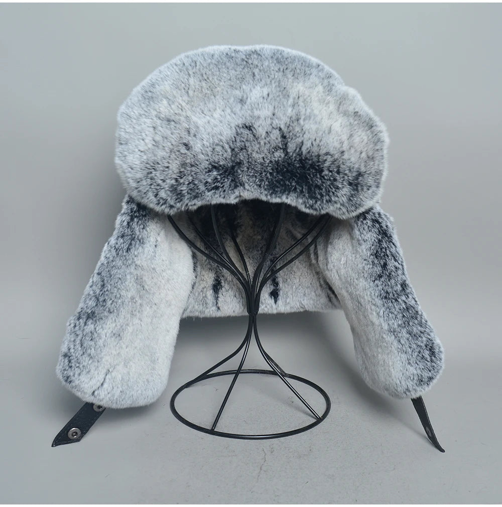 Novo unissex real rex pele de coelho bombardeiro chapéu ushanka boné trapper russo das mulheres dos homens chapéus de esqui bonés de couro de pele de carneiro real inverno quente