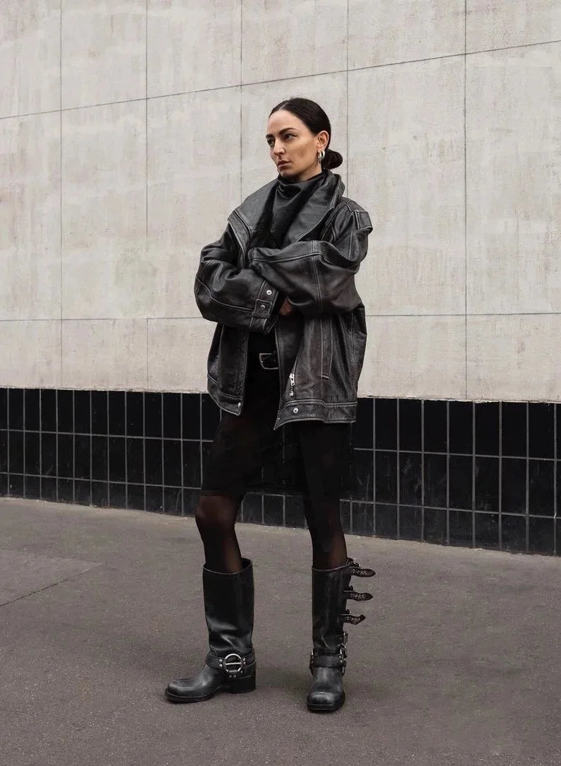 Botas Altas de Couro Genuíno para Mulheres com Fivela de Metal, Bico Quadrado, Estilo Punk, Salto Grosso, Botas de Motociclista