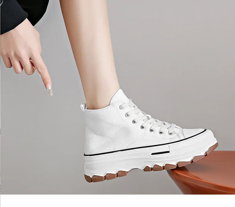 2024 novas mulheres tênis de alta qualidade rendas-up casual plarform altura lona antiderrapante resistente ao desgaste primavera feminino vulcanizar sapatos