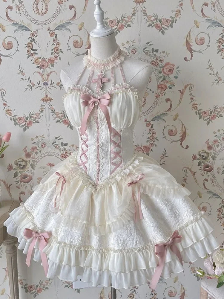 Verão harajuku lolita gótico halter vestidos femininos sexy fora do ombro manga longa vestidos japonês kawaii magro arco mini vestido