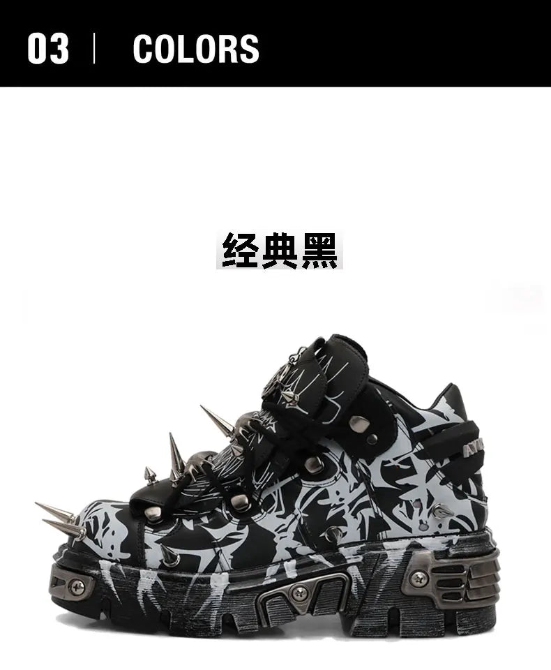 2026 Novo Design Original Plataforma Graffiti Unissex com Rebites Escuros Estilo Rock Punk, Tênis Casual Dad Shoes com Sola Plataforma