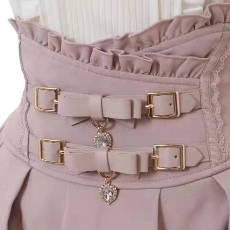 Minissaia Feminina Estilo Lolita Doce Japonês, Retro Elegante, com Renda e Faixas, Saias de Festa em Camadas, Gótica Y2k com Fivelas Metálicas