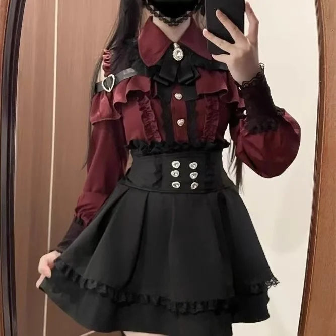 Y2k estética lolita estilo arco vestido shorts conjunto japonês feminino gótico renda alargamento manga botão camisa vestido punk festa mini vestido