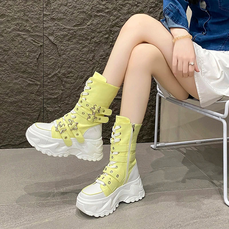 Moda botas de plataforma grossa mulheres punk estrela fivela cinta alta superior tênis mulher outono inverno fundo grosso botas de motocicleta