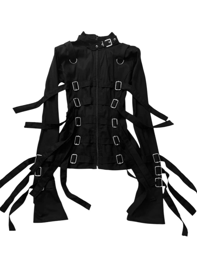 Punk Goth Bondage Jaqueta com fivela feminina, manga comprida com zíper para cima
