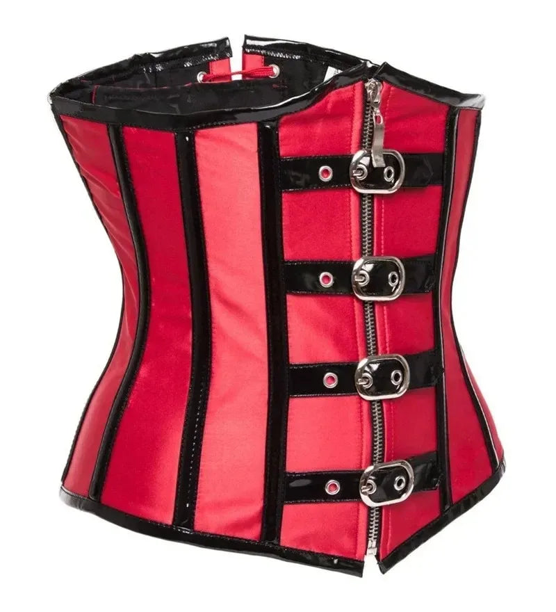 Corset Gótico Steampunk Underbust Preto e Vermelho com Espiral de Aço, Treinador de Cintura, Bustiê com Zíper e Fivelas, Corselete Modelador