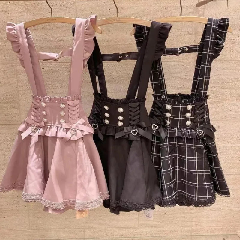 Saia Curta de Suspensório com Laço Estilo Gótico Japonês Lolita, Saia Xadrez Doce e Fofa para Meninas, Saia Mini em A com Renda, verão2026, preta sólida, kawaii