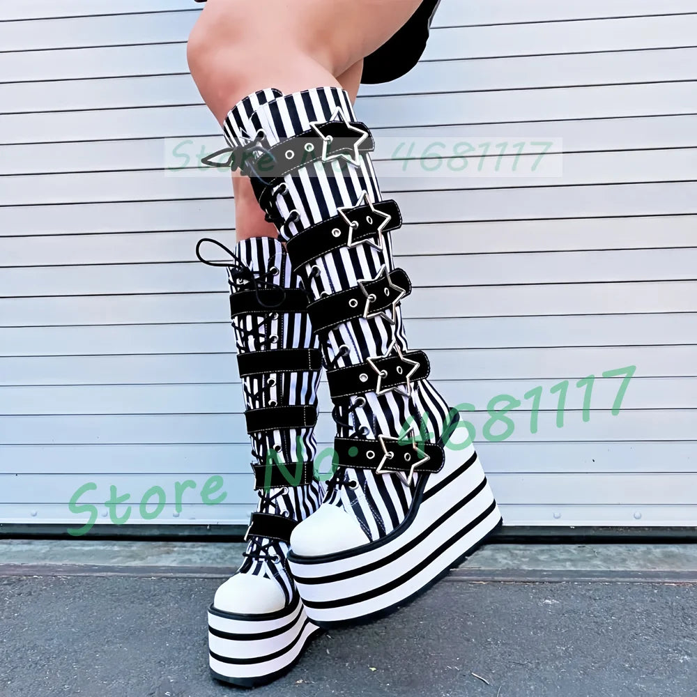 Preto listrado plataforma sapatos de lona longa menina doce metal estrela fivela de cinto botas de renda moda dedo do pé redondo legal lolita sapatos