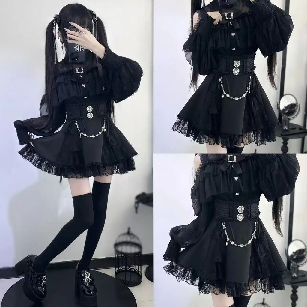 Minissaia Feminina Estilo Lolita Doce Japonês, Retro Elegante, com Renda e Faixas, Saias de Festa em Camadas, Gótica Y2k com Fivelas Metálicas