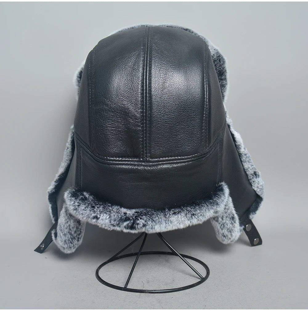 Novo unissex real rex pele de coelho bombardeiro chapéu ushanka boné trapper russo das mulheres dos homens chapéus de esqui bonés de couro de pele de carneiro real inverno quente
