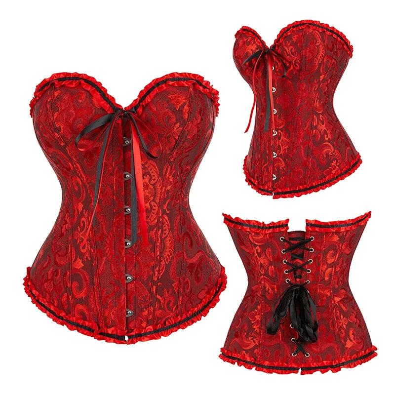 BurVogue Mulheres Lace Up Sexy Floral Desossado Espartilho Overbust Corpo Shaper BustierLingerie Bodyshaper Top Espartilhos Top