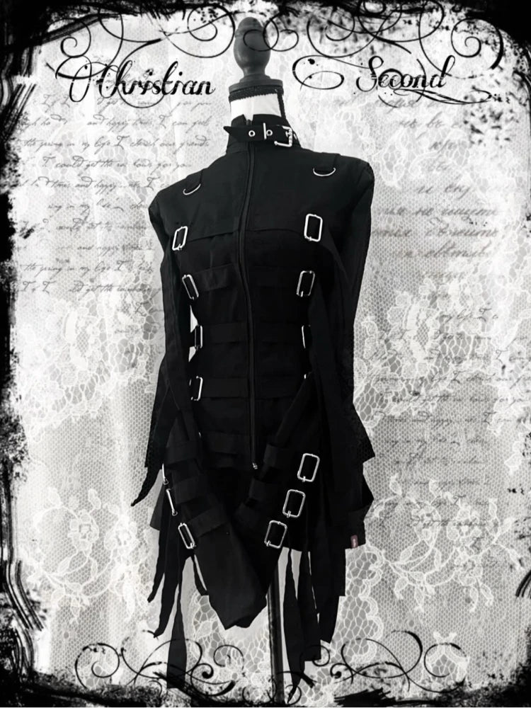 Punk Goth Bondage Jaqueta com fivela feminina, manga comprida com zíper para cima