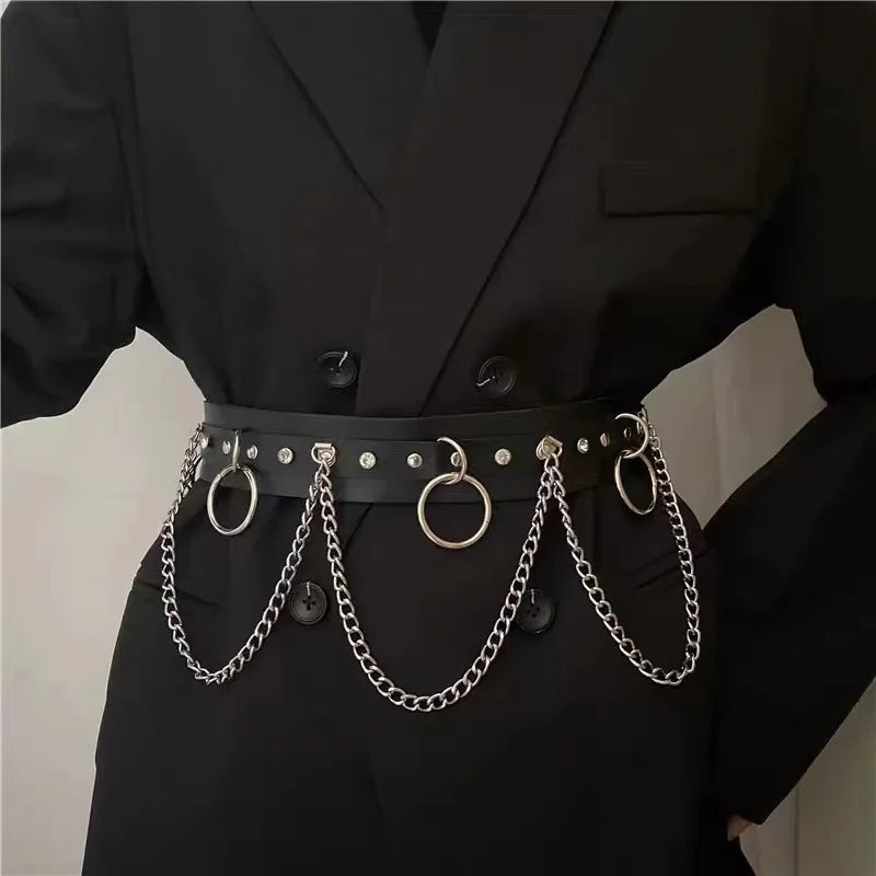 Lua pingente corrente franja goth cinto punk preto couro do plutônio cintos vintage cintura para mulheres meninas