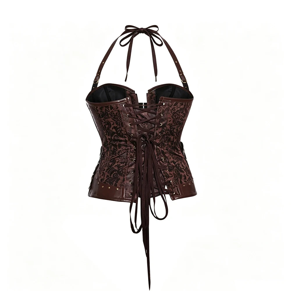 Corset Feminino Estilo Vitoriano Gótico com Alça no Pescoço e Botões - Top Modelador Bustiê