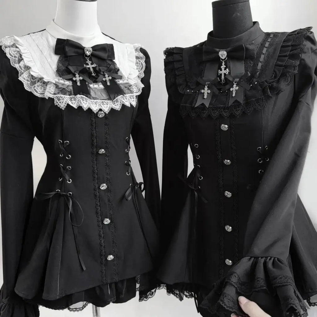 Y2k estética lolita estilo arco vestido shorts conjunto japonês feminino gótico renda alargamento manga botão camisa vestido punk festa mini vestido