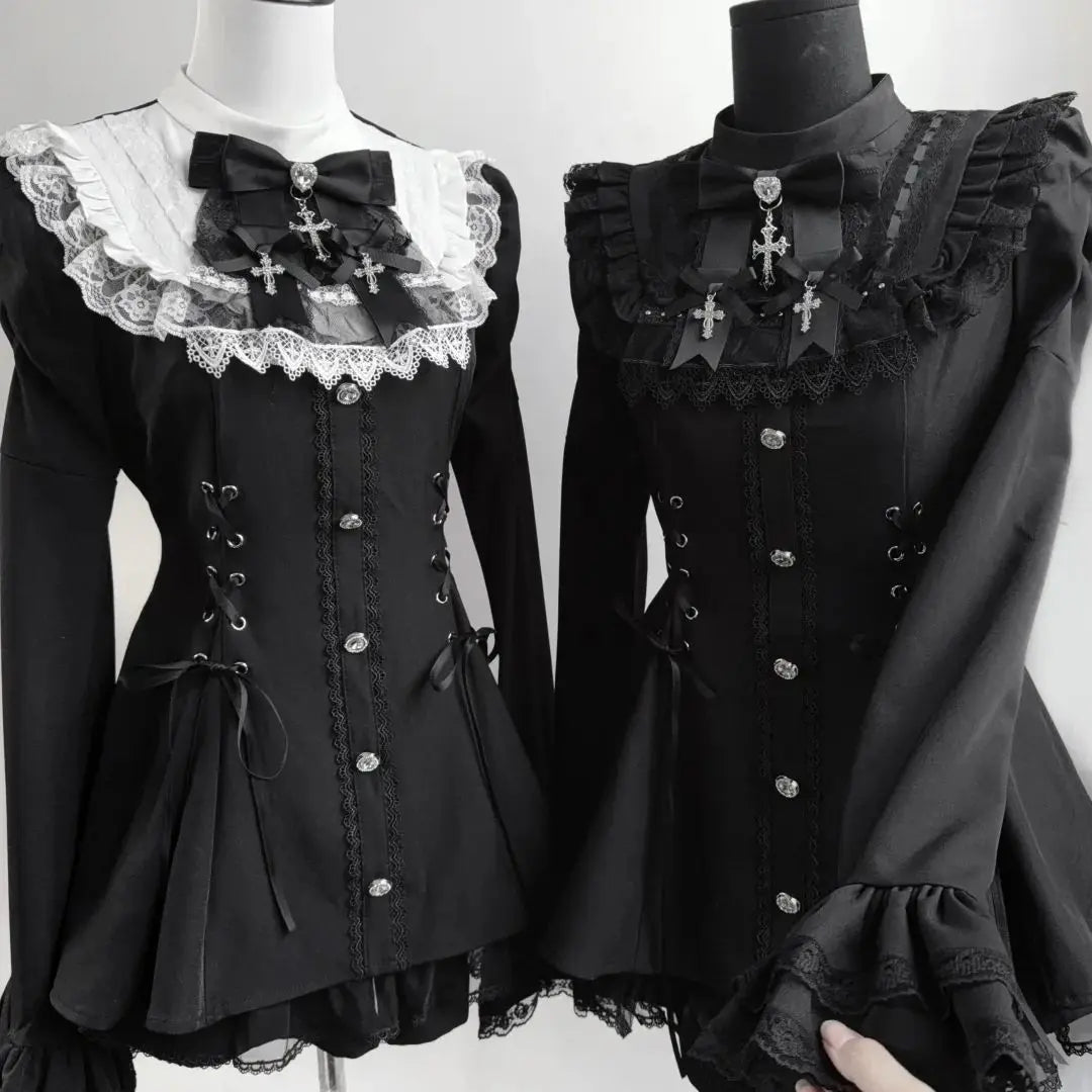 Y2k estética lolita estilo arco vestido shorts conjunto japonês feminino gótico renda alargamento manga botão camisa vestido punk festa mini vestido