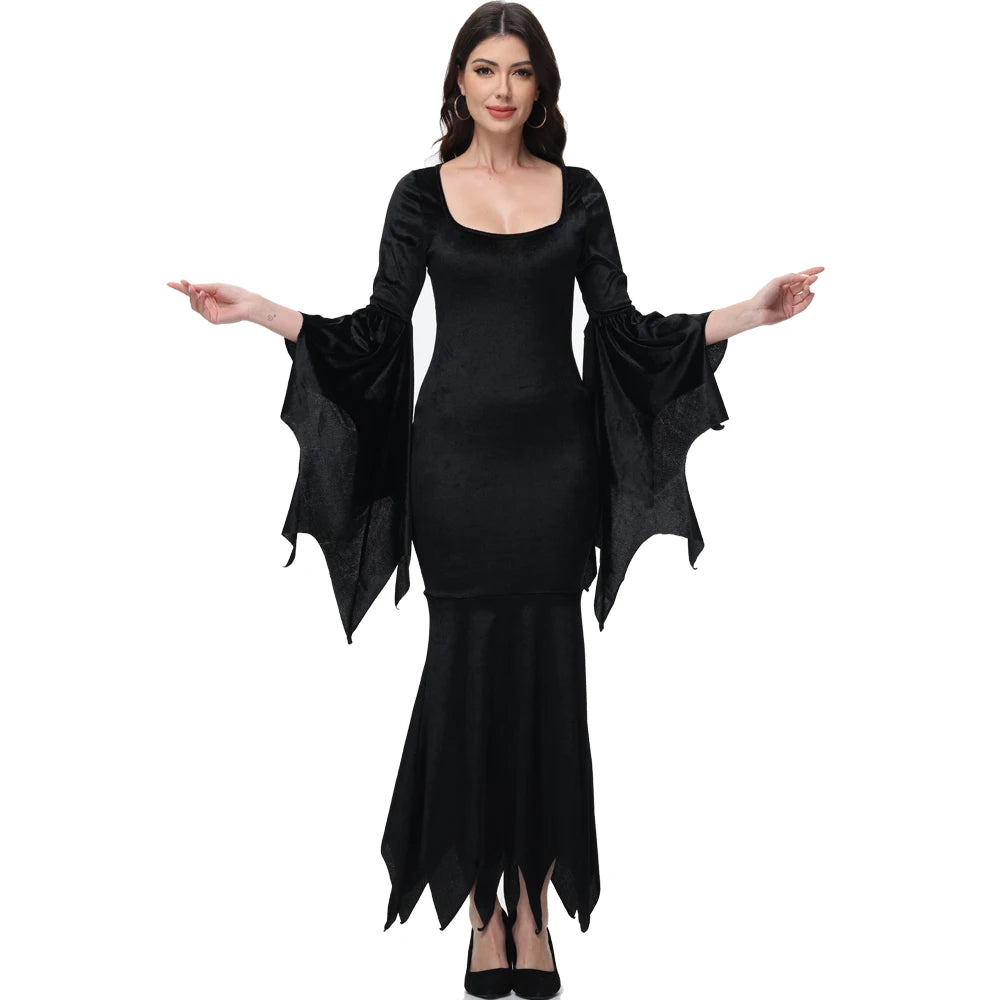 [You're My Secret] Halloween Morticia Adams Primate Black Adams Family Dress Retro Gótico Manga Alargada Vestido rabo de peixe