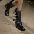Botas Altas de Couro Genuíno para Mulheres com Fivela de Metal, Bico Quadrado, Estilo Punk, Salto Grosso, Botas de Motociclista
