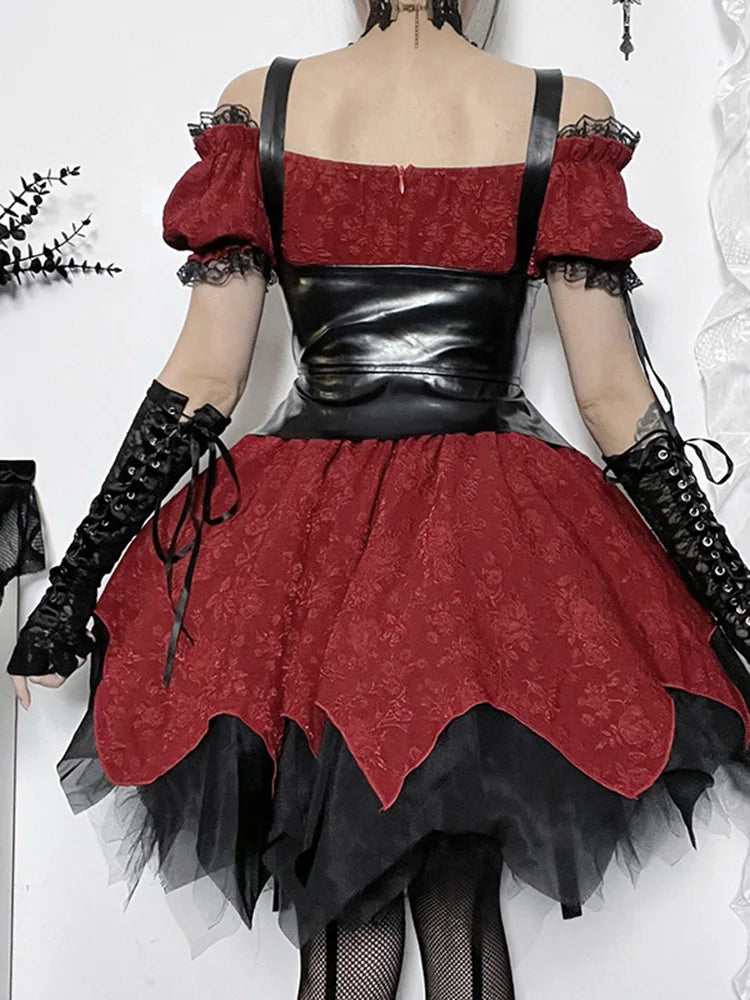 Altgoth escuro academia gótico vestido feminino harajuku streetwear fairycore grunge rendas retalhos puff manga vestido de cintura alta feminino