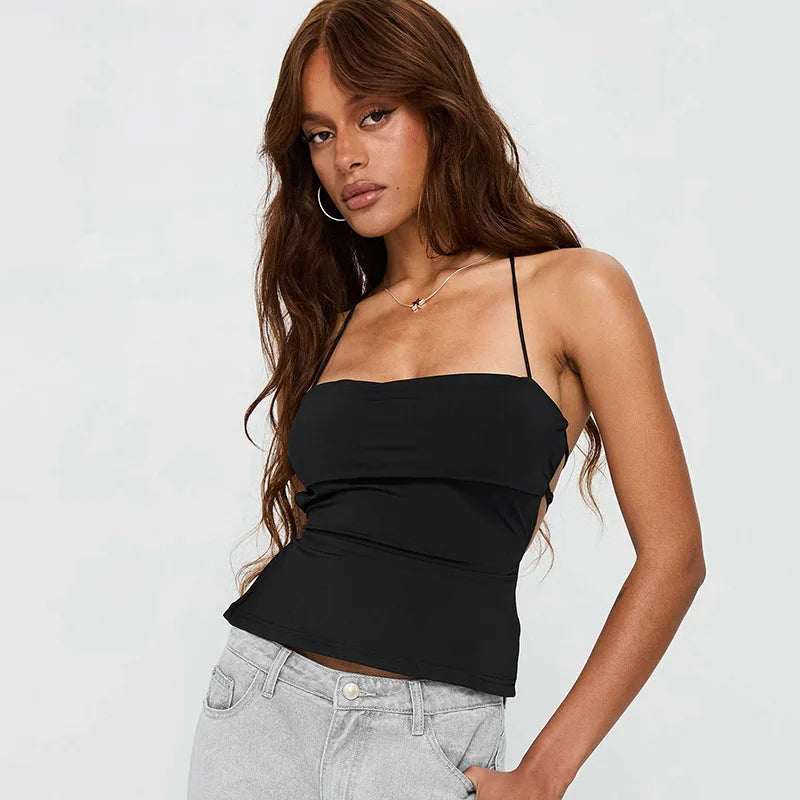 Laço de volta espartilho topo pescoço-montado colheita topo feminino roupas ousado y2k acessórios sem costas sexy clube outfit camison verano ropa mujer
