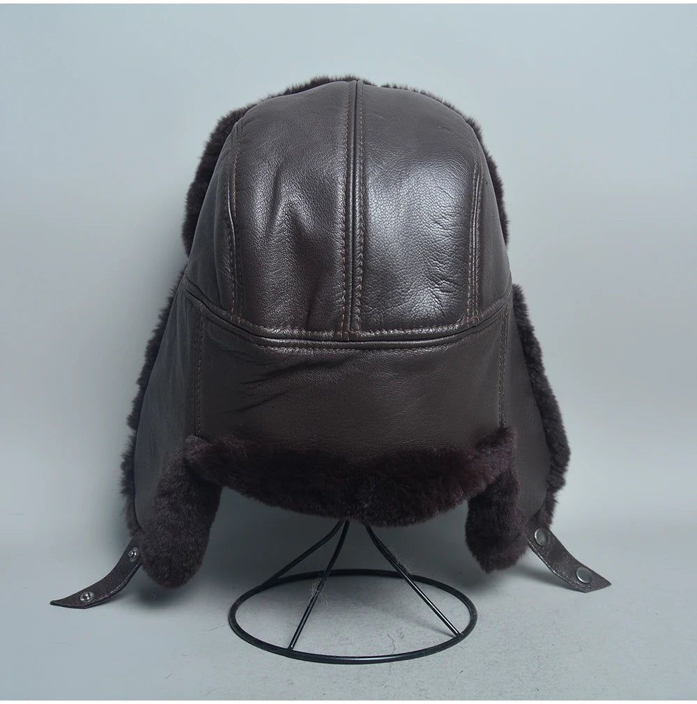 Novo unissex real rex pele de coelho bombardeiro chapéu ushanka boné trapper russo das mulheres dos homens chapéus de esqui bonés de couro de pele de carneiro real inverno quente