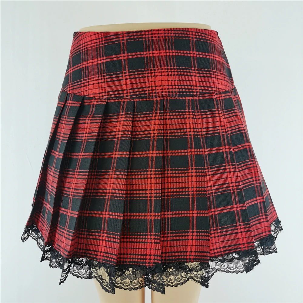 FICHOR-Mulheres Góticas Renda Ruffle Mini Saias, Harajuku, Fairy Grunge, Xadrez Rosa, Plissado, Japonês Lolita Streetwear, Mall Goth