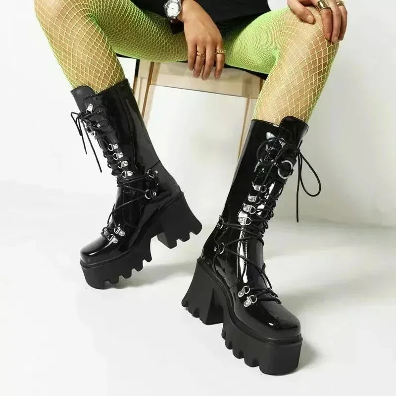 Mulheres botas altas cosplay meados de bezerro botas de plataforma alta cunhas botas 2025 outono inverno novo designer sapatos góticos para mulher botas