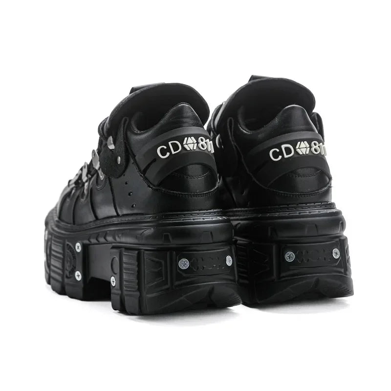 Primavera/verão estilo punk sapatos femininos renda salto altura 6cm sapatos de sola grossa sapatos femininos botas de rock metal decorativo feminino