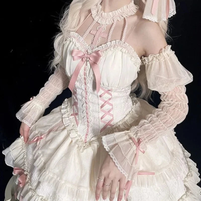 Verão harajuku lolita gótico halter vestidos femininos sexy fora do ombro manga longa vestidos japonês kawaii magro arco mini vestido