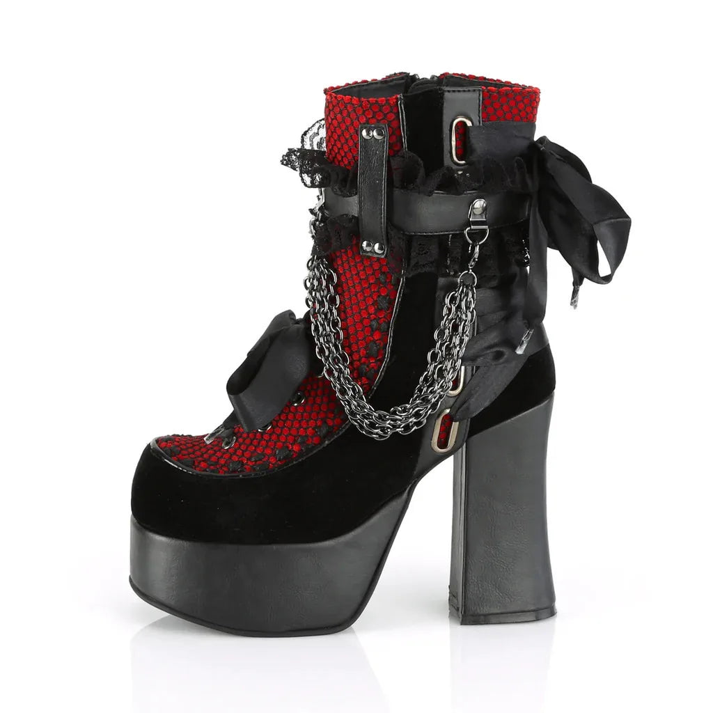 Estilo gótico corrente rendas até arco botas curtas femininas retro dedo do pé redondo salto quadrado plataforma grossa tornozelo botas punk senhoras sapatos de festa
