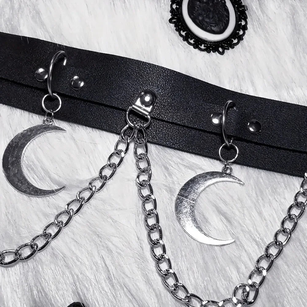 Lua pingente corrente franja goth cinto punk preto couro do plutônio cintos vintage cintura para mulheres meninas