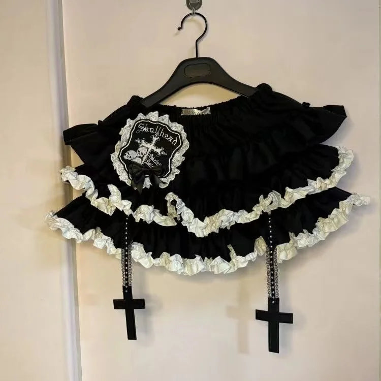 Y2k gótico punk preto branco saia curta feminina quente pintainho escuro bolinhas plissado bolo saia feminina doce chique lolita saias de renda