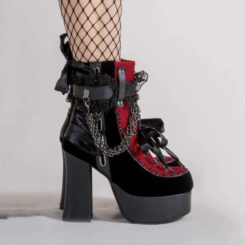 Estilo gótico corrente rendas até arco botas curtas femininas retro dedo do pé redondo salto quadrado plataforma grossa tornozelo botas punk senhoras sapatos de festa
