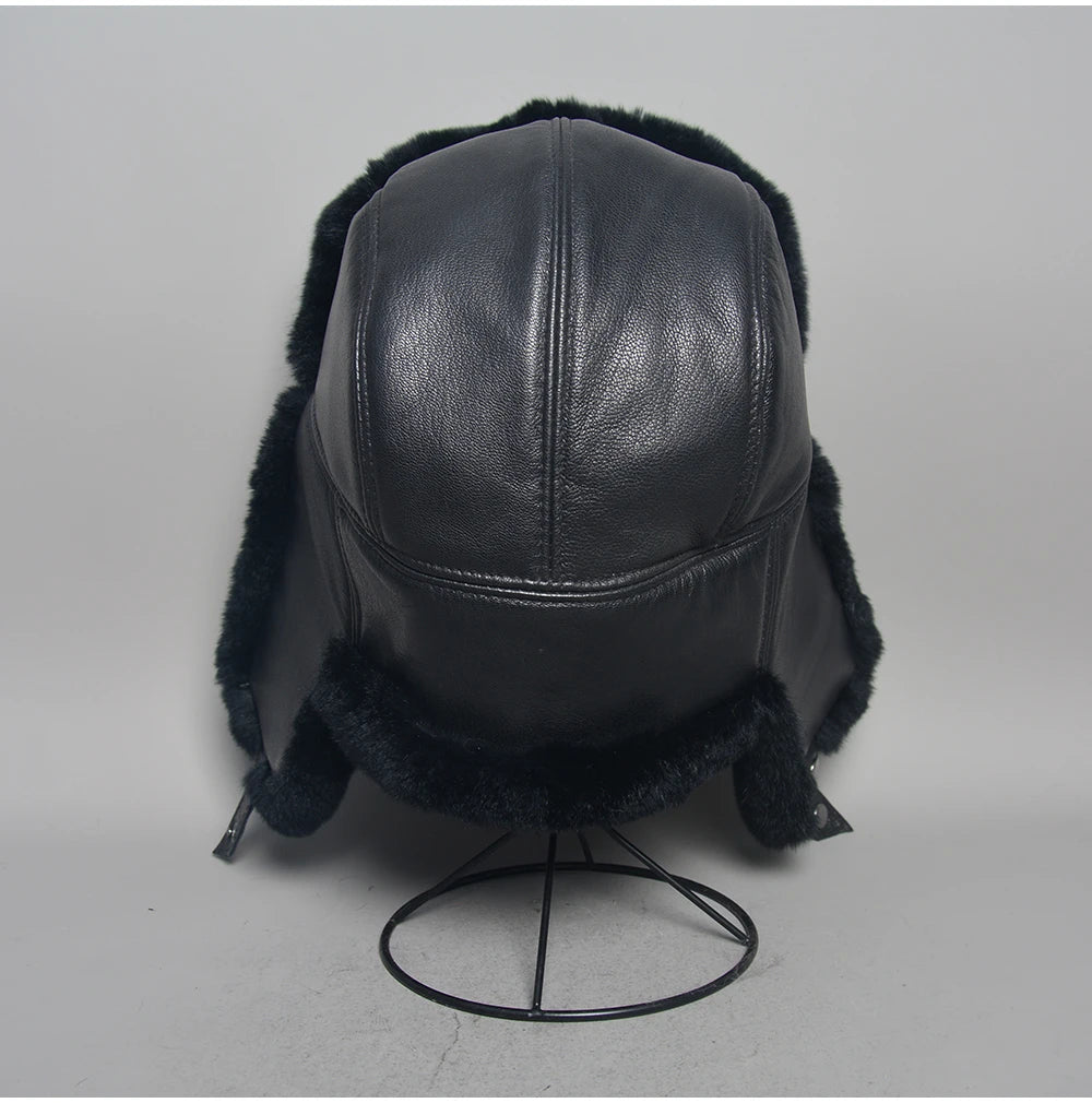 Novo unissex real rex pele de coelho bombardeiro chapéu ushanka boné trapper russo das mulheres dos homens chapéus de esqui bonés de couro de pele de carneiro real inverno quente