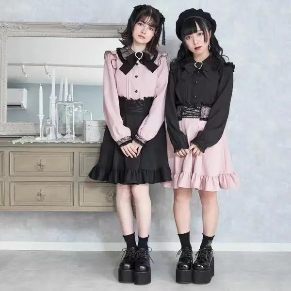 Saia Curta de Suspensório com Laço Estilo Gótico Japonês Lolita, Saia Xadrez Doce e Fofa para Meninas, Saia Mini em A com Renda, verão2026, preta sólida, kawaii