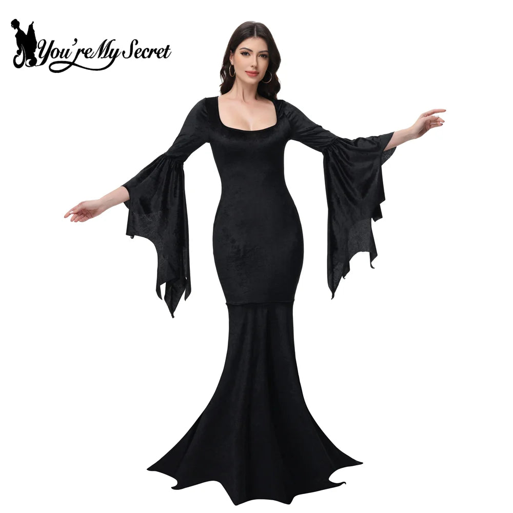[You're My Secret] Halloween Morticia Adams Primate Black Adams Family Dress Retro Gótico Manga Alargada Vestido rabo de peixe