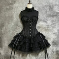 Vestido Gótico Vintage Japonês E-girl para Mulheres, Vestido Mini com Gola Alta, Manga Curta, Laço e Renda, Cintura Ajustada, Vestido Preto Doce e Picante