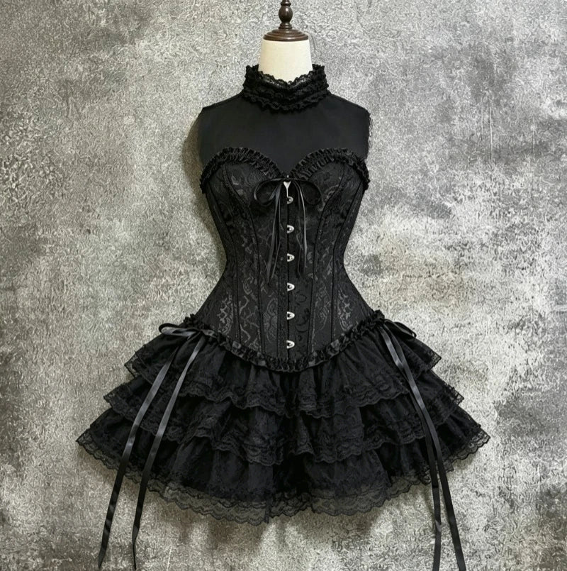 Vestido Gótico Vintage Japonês E-girl para Mulheres, Vestido Mini com Gola Alta, Manga Curta, Laço e Renda, Cintura Ajustada, Vestido Preto Doce e Picante