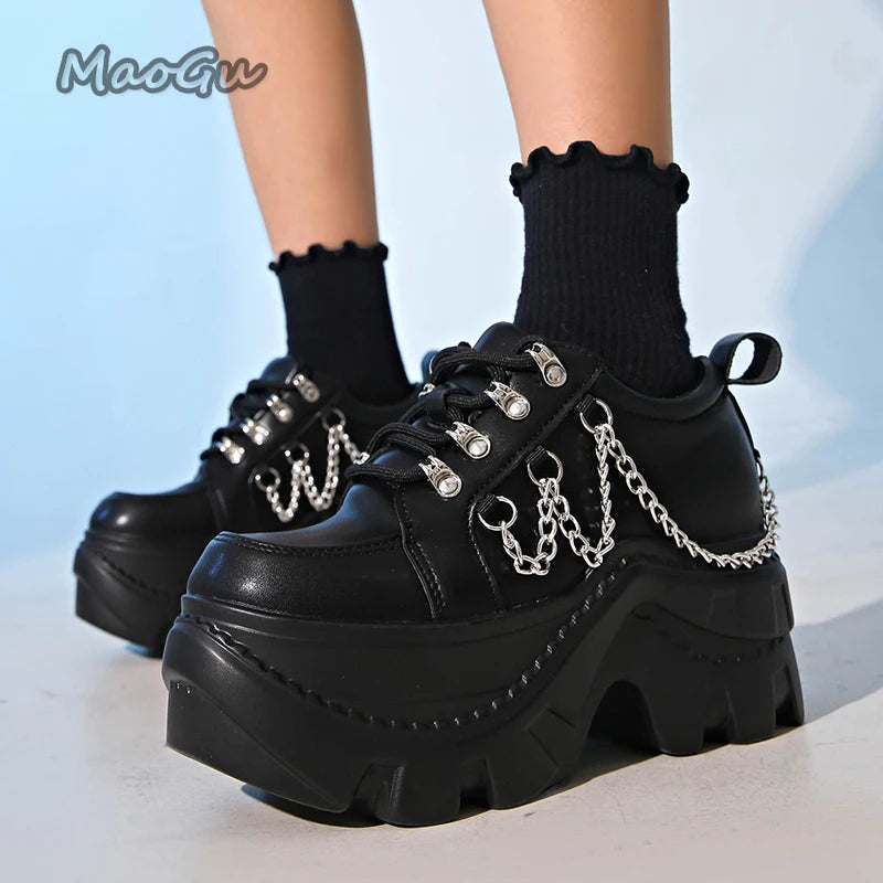 Gótico punk chunky tênis para mulher plutônio preto corrente decoração plataforma sapatos casuais mulher sola grossa não deslizamento tênis tamanho 35-42
