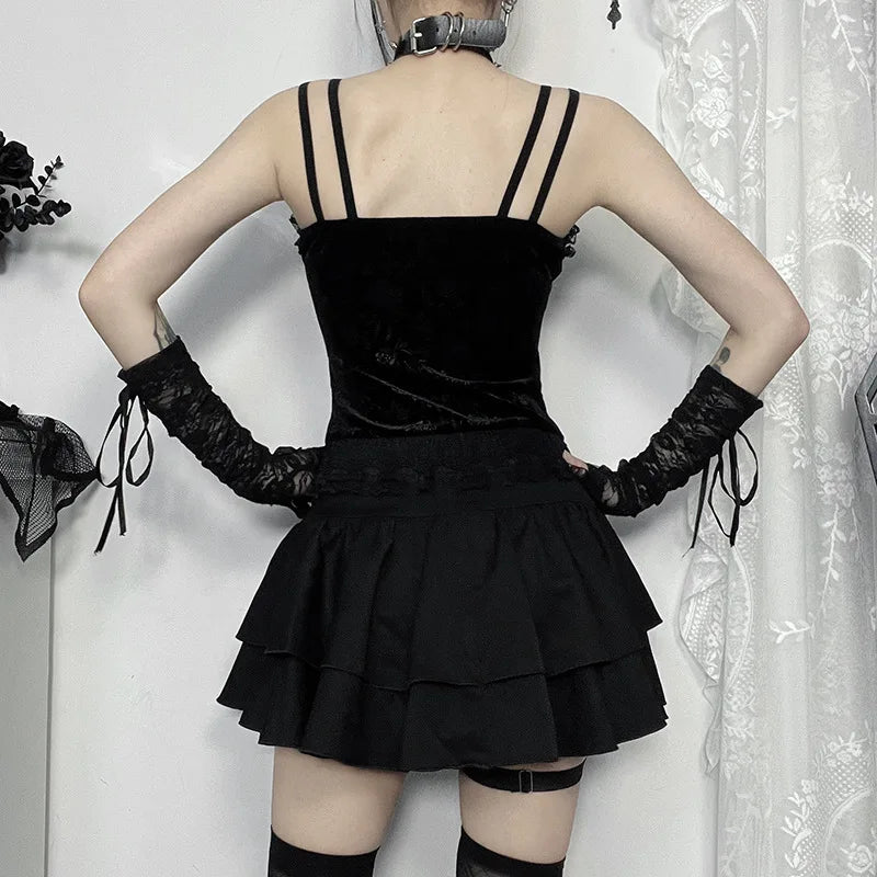 Gótico preto renda cruz mini saia y2k grunge punk cintura alta plissado a linha saias vintage feminino menina estética alt roupas