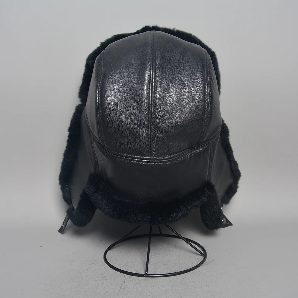 Novo unissex real rex pele de coelho bombardeiro chapéu ushanka boné trapper russo das mulheres dos homens chapéus de esqui bonés de couro de pele de carneiro real inverno quente
