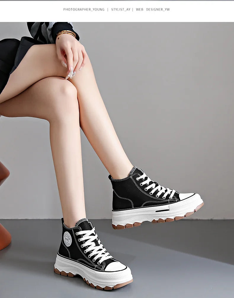2024 novas mulheres tênis de alta qualidade rendas-up casual plarform altura lona antiderrapante resistente ao desgaste primavera feminino vulcanizar sapatos