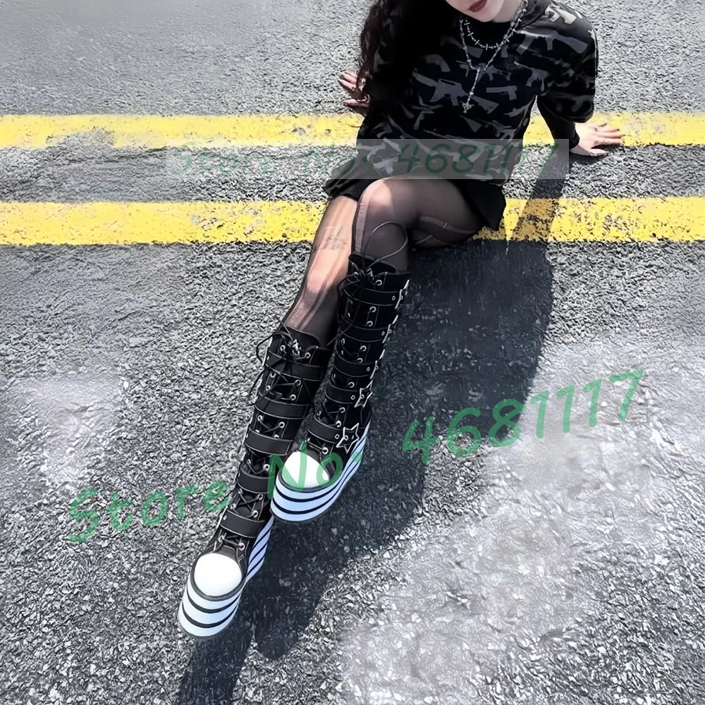 Preto listrado plataforma sapatos de lona longa menina doce metal estrela fivela de cinto botas de renda moda dedo do pé redondo legal lolita sapatos