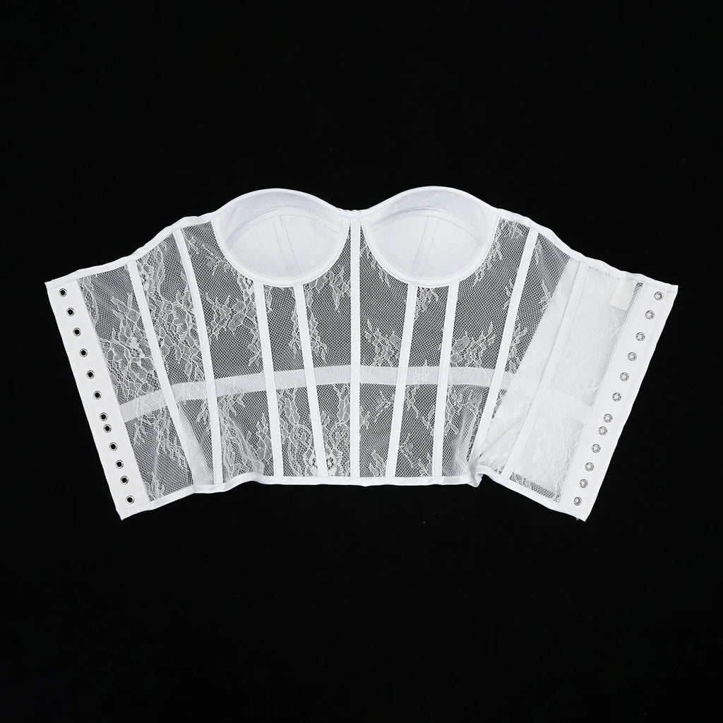 Aço osso korset mulher oco para fora sutiã de renda sem alças bustier superior malha lingerie feminina preto branco biege espartilho