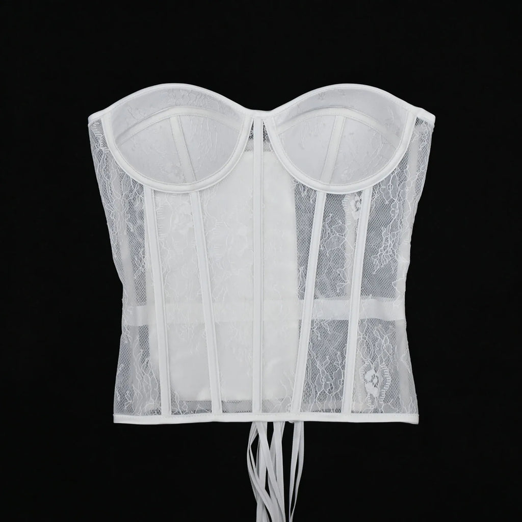 Aço osso korset mulher oco para fora sutiã de renda sem alças bustier superior malha lingerie feminina preto branco biege espartilho