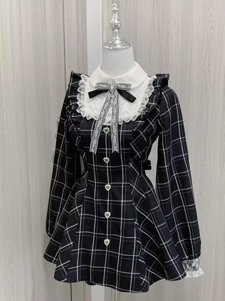 Vestido Gótico Vintage Japonês E-girl para Mulheres, Vestido Mini com Gola Alta, Manga Curta, Laço e Renda, Cintura Ajustada, Vestido Preto Doce e Picante