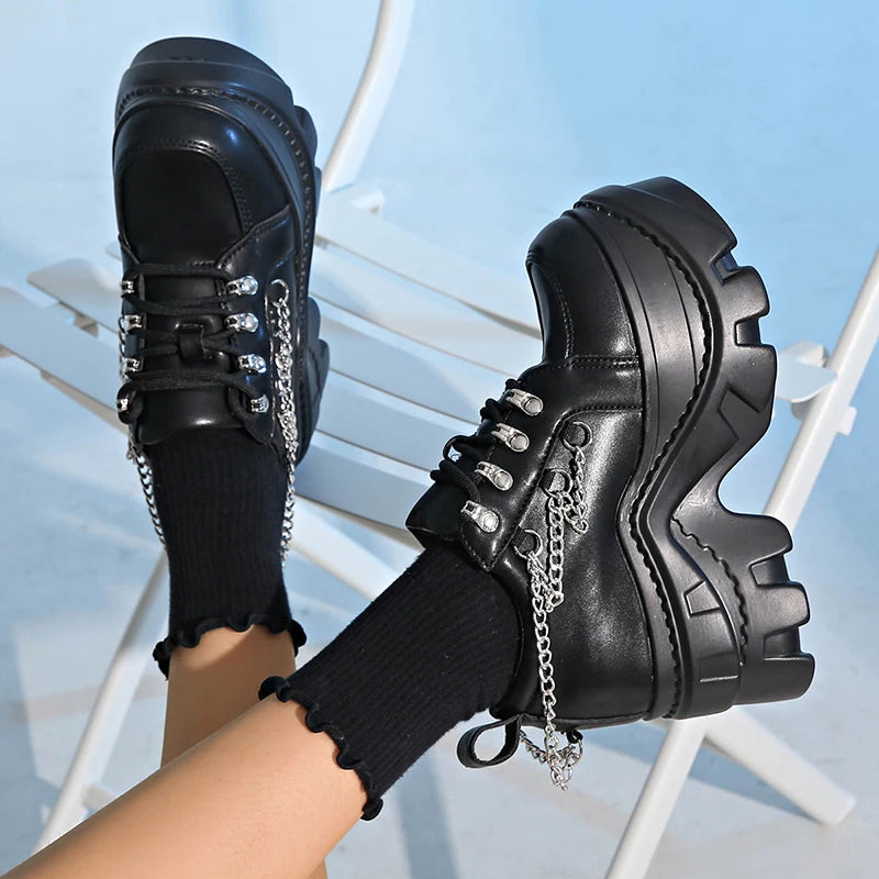 Gótico punk chunky tênis para mulher preto corrente decoração plataforma sapatos esportivos mulher sola grossa não deslizamento punk tênis plus size