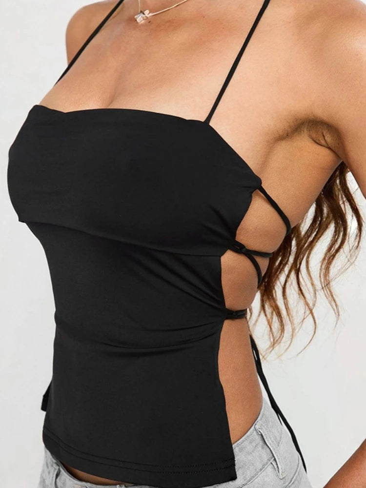 Laço de volta espartilho topo pescoço-montado colheita topo feminino roupas ousado y2k acessórios sem costas sexy clube outfit camison verano ropa mujer