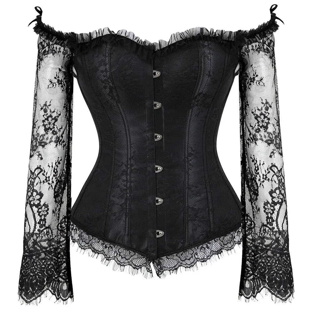 Manga longa elegante espartilhos góticos sexy fora do ombro rendas até overbust corselet feminino corpo cintura trainer cincher shapers bustiers