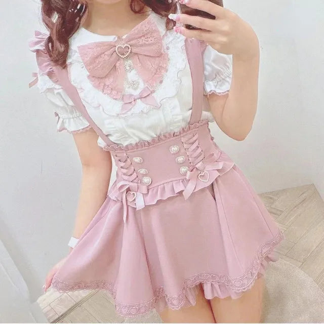 Saia Curta de Suspensório com Laço Estilo Gótico Japonês Lolita, Saia Xadrez Doce e Fofa para Meninas, Saia Mini em A com Renda, verão2026, preta sólida, kawaii